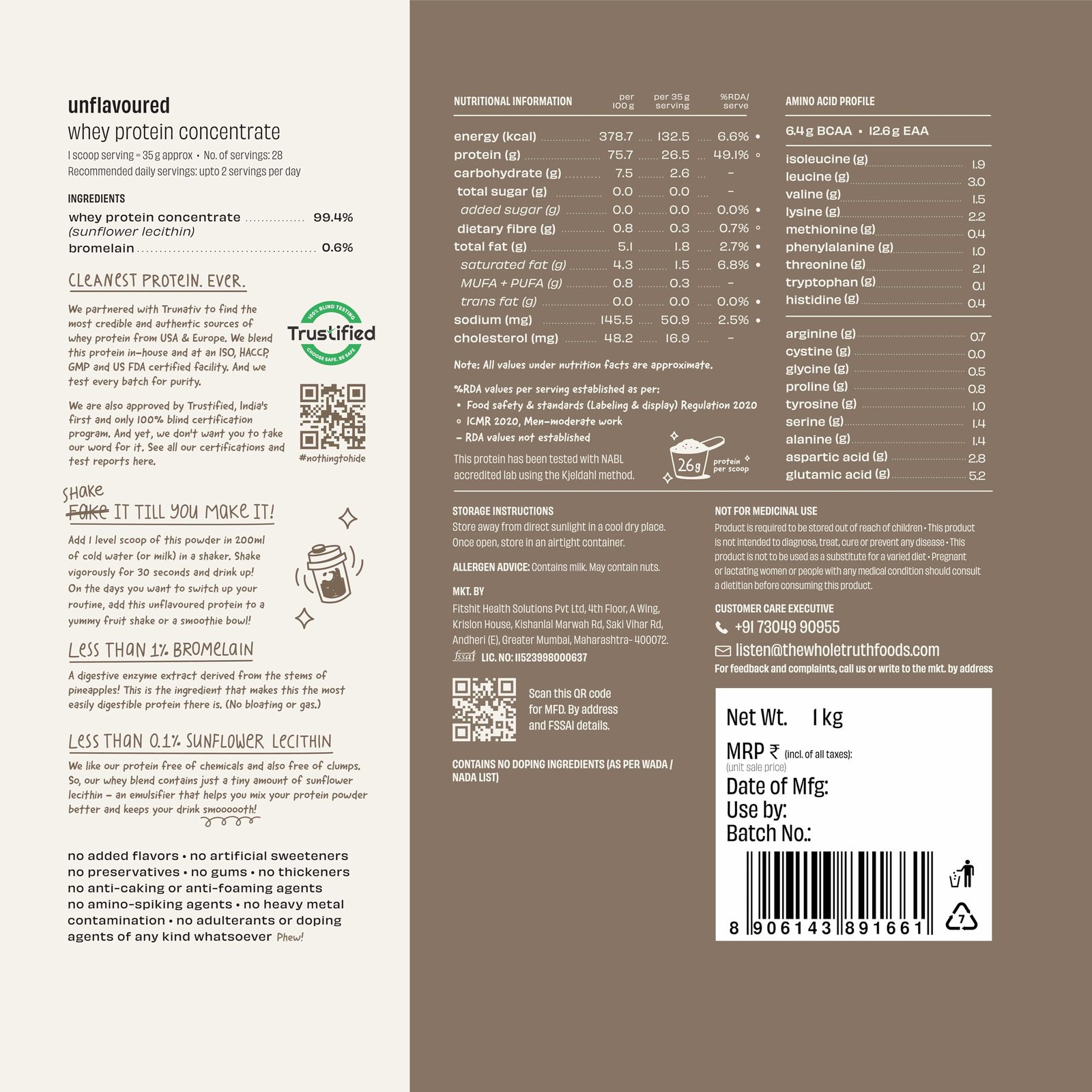 The Whole Truth Whey Protein Concentrate Unflavoured |1 kg (2.2 lbs) | 26g Protein per scoop | 6.4g BCAA | 100% Authentic Whey & No Adulteration | Clean and Light | Muscle Building | Vegetarian - Image 2