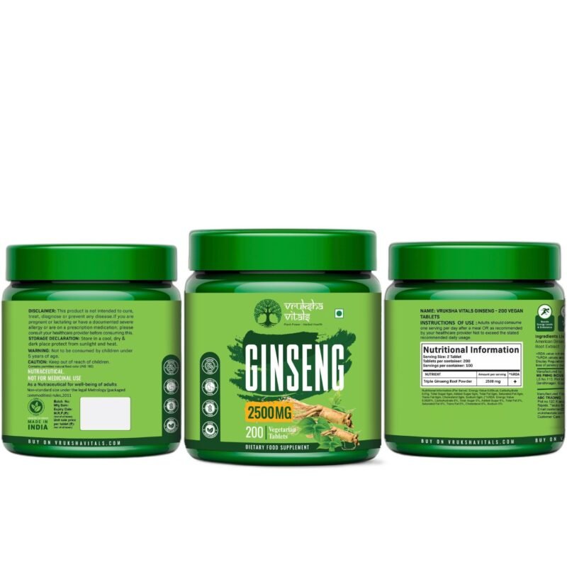 Vruksha Vitals Triple Ginseng Root - 2500 mg - Korean Red Panax Ginseng, Siberian and American Ginseng Extract Powder Tablets Capsules Supplement - Image 2