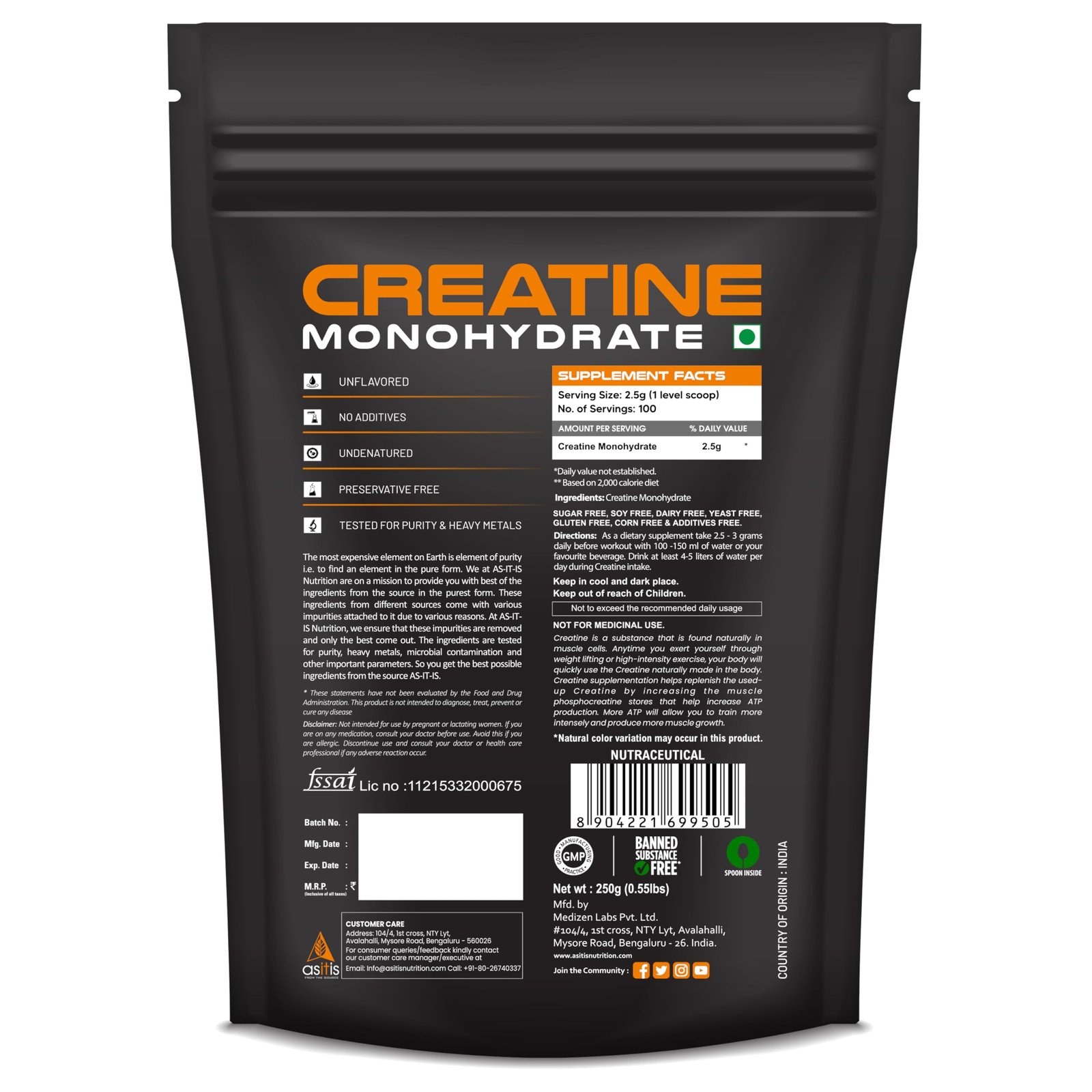 AS-IT-IS Nutrition 100% Creatine Monohydrate, Pure 2.5g Micronized Powder with Rapid Dissolution & Absorption, USA Labdoor Certified for Accuracy & Purity, Supports Performance & Recovery- Unflavored, Single Ingredient- 250g (100 servings) - Image 6