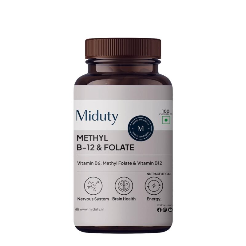 Miduty Vitamin B12 – Active Methylcobalamin - Bioactive B-Complex with B6, B9, B12 – Triple Power Punch Formula for Energy, Mood, Brain & Nerve Support – Fast Absorbing Chewable – 60 Veg Tablets