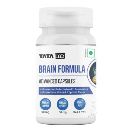 Tata 1mg Brain Formula With Vitamin B Complex, L-Tyrosine, L-Theanine, Brahmi, Ginkgo And Pine Bark Extract Capsule Helps In Improving Memory And Concentration For Unisex (Pack Of 60 Capsules)