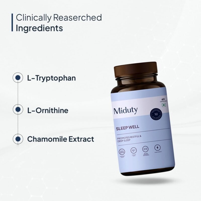 Miduty Sleep Well | Melatonin 5mg with L-Tryptophan 500 mg, L-Ornithine 400 mg | Promote Restful Sleep & Helps in Deep Sleep | Non-addictive - Pack of 60 Capsules - Image 4