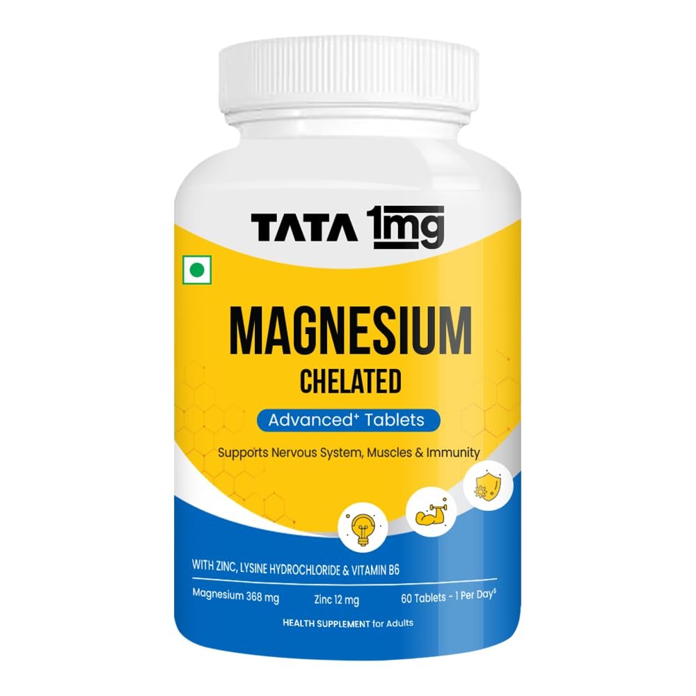 Tata 1mg Chelated Magnesium Plus Tablets with Zinc & Vitamin B6-60 Tablets | High Absorption Magnesium Supplement for Women & Men | Supports Nervous System, Muscle Recovery & Immunity