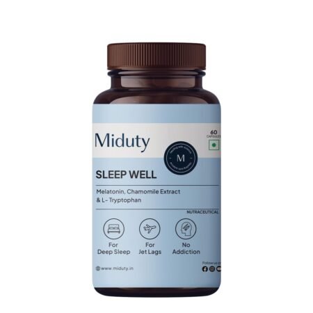 Miduty Sleep Well | Melatonin 5mg with L-Tryptophan 500 mg, L-Ornithine 400 mg | Promote Restful Sleep & Helps in Deep Sleep | Non-addictive - Pack of 60 Capsules