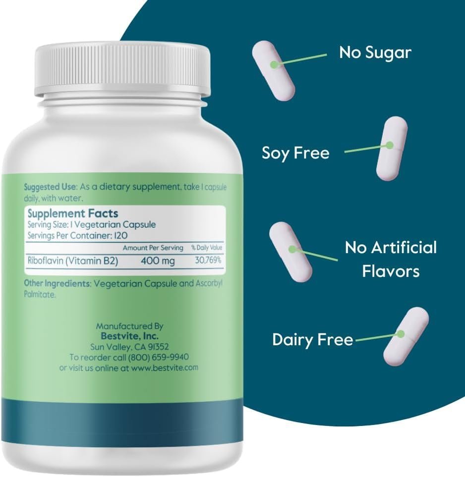 Vitamin B-2 (Riboflavin) 400mg (120 Vegetarian Capsules) - No Stearates - Vegan - Non GMO - Gluten Free - Image 6