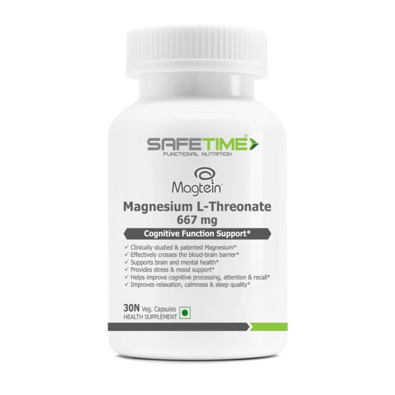 SAFETIME FUNCTIONAL NUTRITION Magtein Magnesium L Threonate Cognitive Function & Brain Health Support (30 Veg. Capsules) (Pack of 1)
