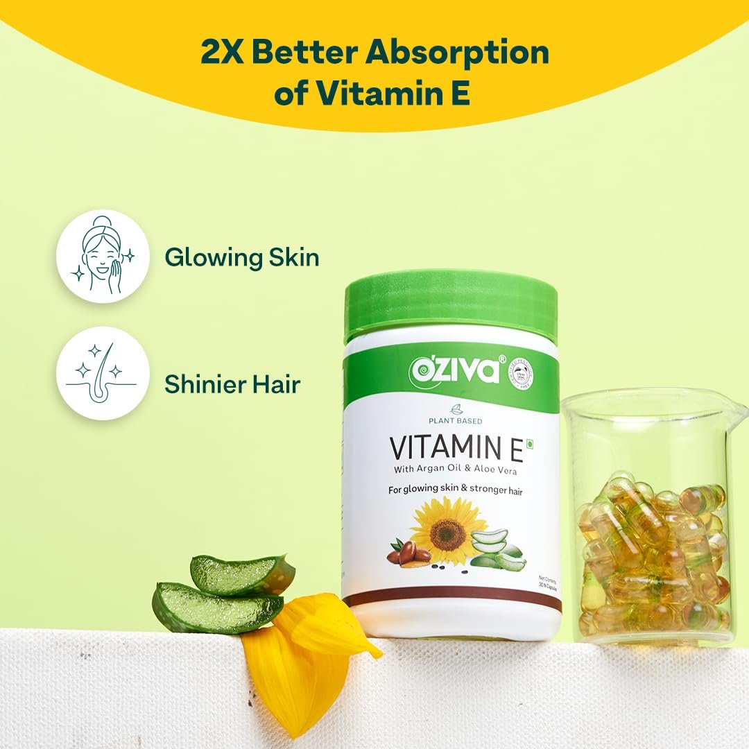OZiva Plant Based Natural Vitamin E Capsules for Face & Hair with Sunflower oil, Aloe vera oil ,Argan oil, Vegan &Natural Vitamin E for Glowing Skin & Stronger Hair (Vitamin E, Pack of 1, 30 Capsules) - Image 9
