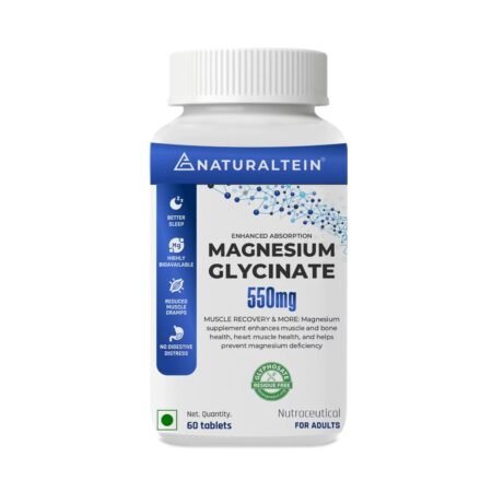 Naturaltein Magnesium Glycinate 550mg – Supports Sleep, Brain Relaxation, Muscle Recovery & Heart Health – Enhanced Absorption, No Digestive Distress – 60 Tablets
