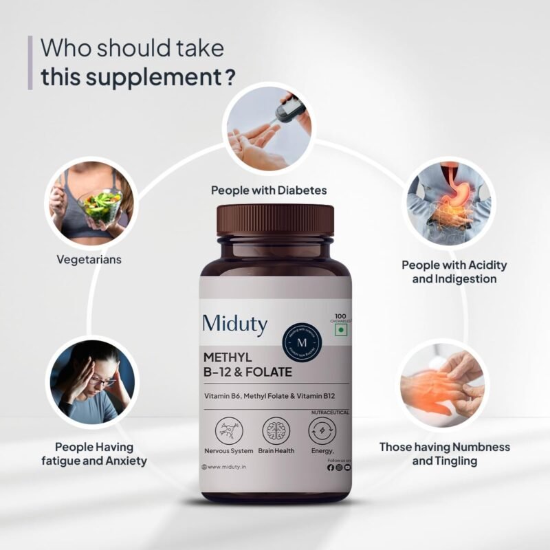 Miduty Vitamin B12 – Active Methylcobalamin - Bioactive B-Complex with B6, B9, B12 – Triple Power Punch Formula for Energy, Mood, Brain & Nerve Support – Fast Absorbing Chewable – 60 Veg Tablets - Image 8