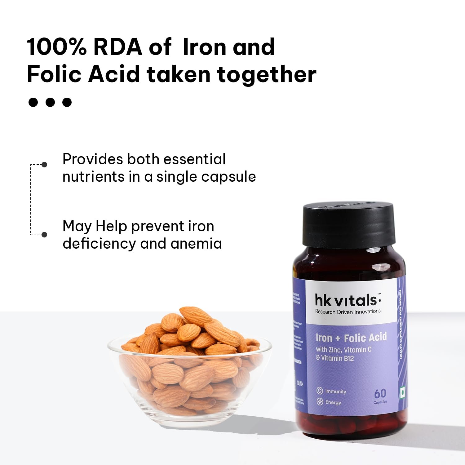 HealthKart Hk Vitals Iron + Folic Acid Supplement (60 Capsules)|With Zinc,Vitamin C & Vitamin B12,Supports Blood Building|Immunity And Energy,1 Count - Image 4