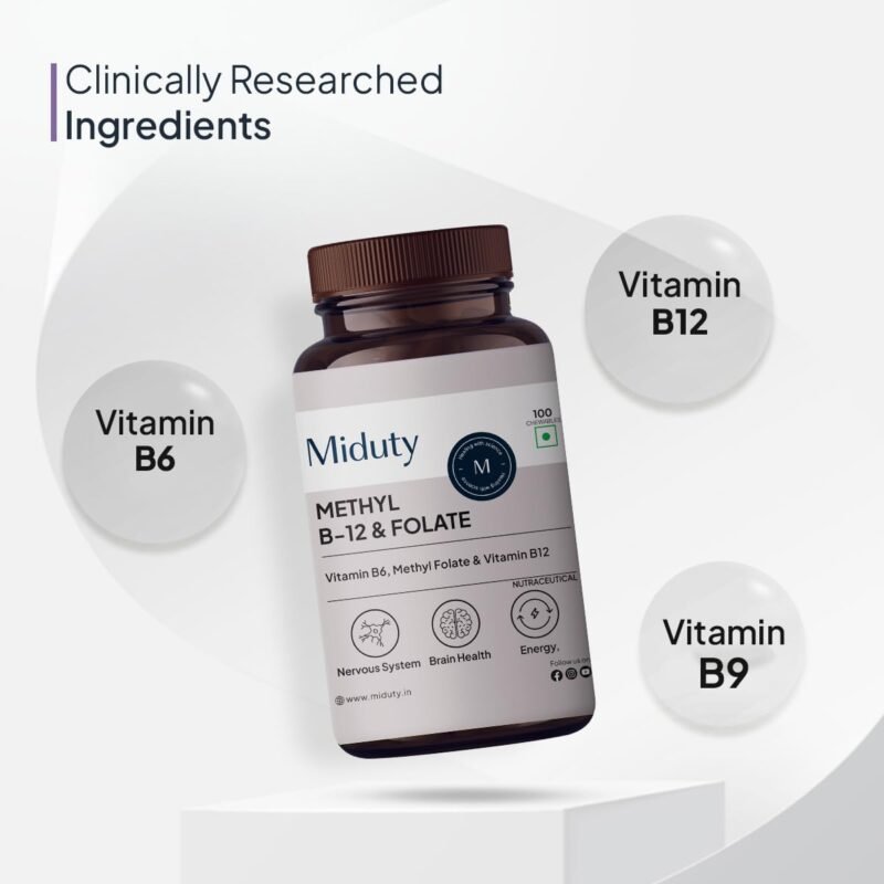Miduty Vitamin B12 – Active Methylcobalamin - Bioactive B-Complex with B6, B9, B12 – Triple Power Punch Formula for Energy, Mood, Brain & Nerve Support – Fast Absorbing Chewable – 60 Veg Tablets - Image 2