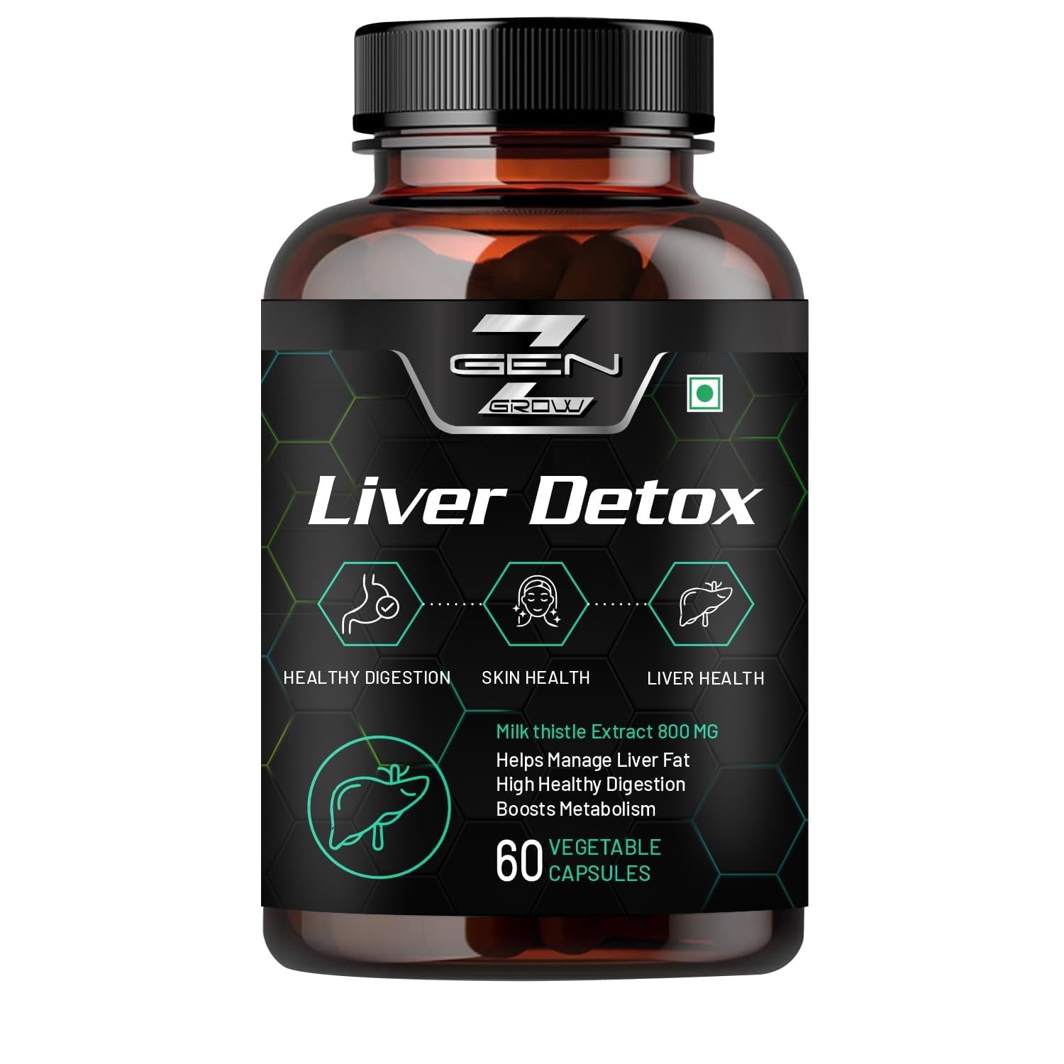 GenZ Grow Liver Detox Supplement with Milk Thistle Extract 800mg (30:1) N-Acetyl Cysteine | Beetroot (beta Vulgaris) | Support Fatty Liver and helps Detoxification & Digestion|60 Vegetable Capsule