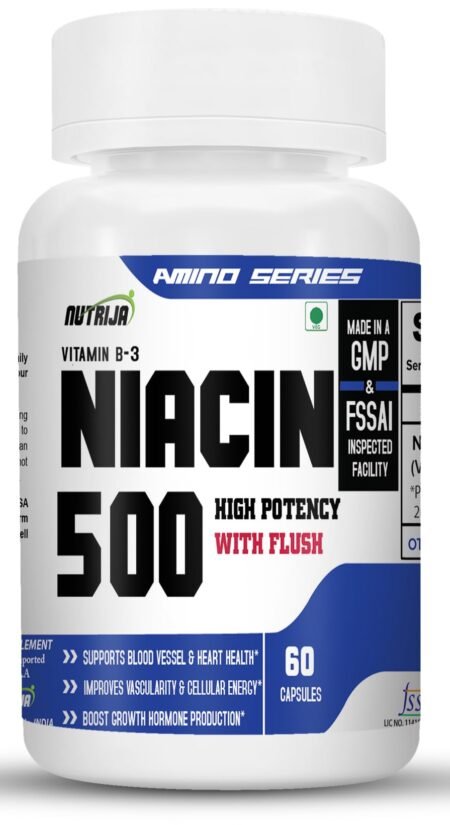 NutriJa Niacin 500 Vitamin B3 (Nicotinic Acid) with Flush | For Vascularity & Increase Cellular Energy- 60 Capsules