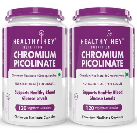 HealthyHey Nutririon Chromium Picolinate 400mcg - Support Glucose Metabolism (High Absorption) 120 Vegan Safe Capsules, Non-GMO, Gluten Free - Pack of 2