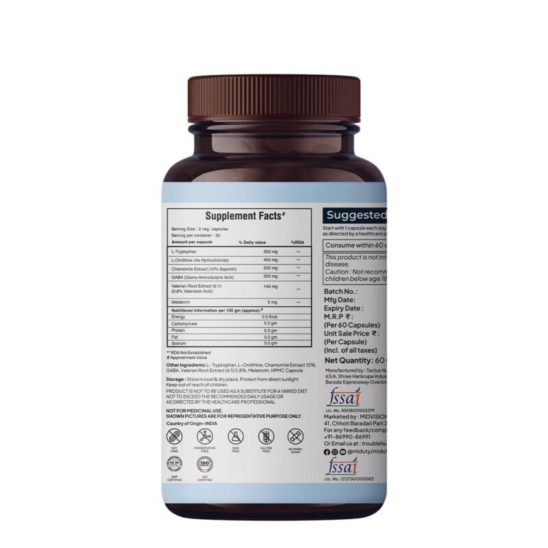 Miduty Sleep Well | Melatonin 5mg with L-Tryptophan 500 mg, L-Ornithine 400 mg | Promote Restful Sleep & Helps in Deep Sleep | Non-addictive - Pack of 60 Capsules - Image 8