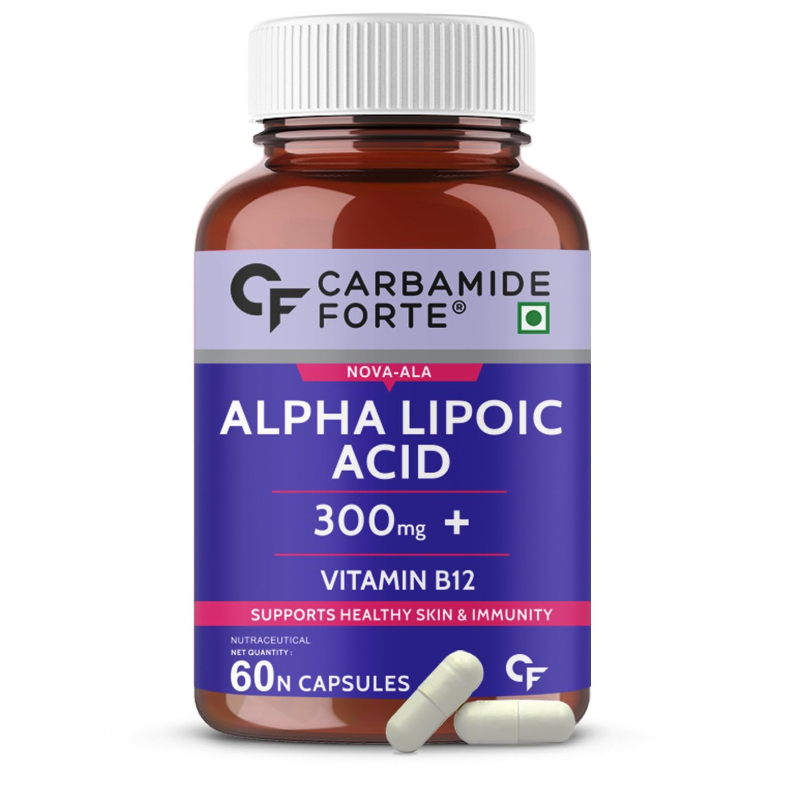 Carbamide Forte Alpha Lipoic Acid 300mg - ALA Capsules with Vitamin B12 & Lycopene | ALA Supplement | Supports Healthy Skin & Immunity - 60 Veg ALA Capsules