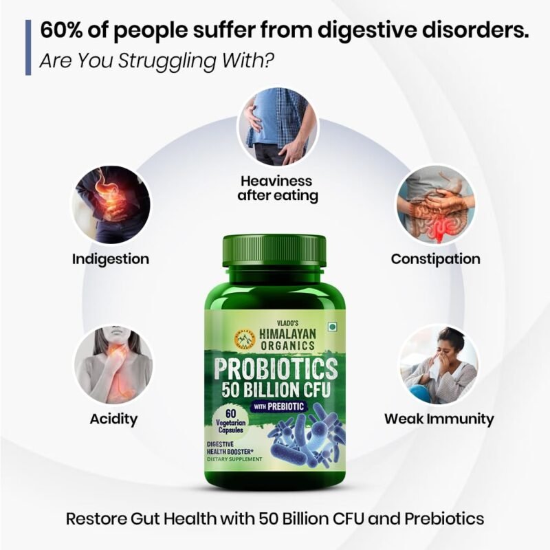 Vlado's Himalayan Organics Probiotics 50 Billion CFU - 20 Strain + 150mg Prebiotic Supplement | Good For Digestive, Gut health, Immunity, Diarrhea, Gas & Bloating Support| For Men And Women - 60 Vegetarian Capsules - Image 6