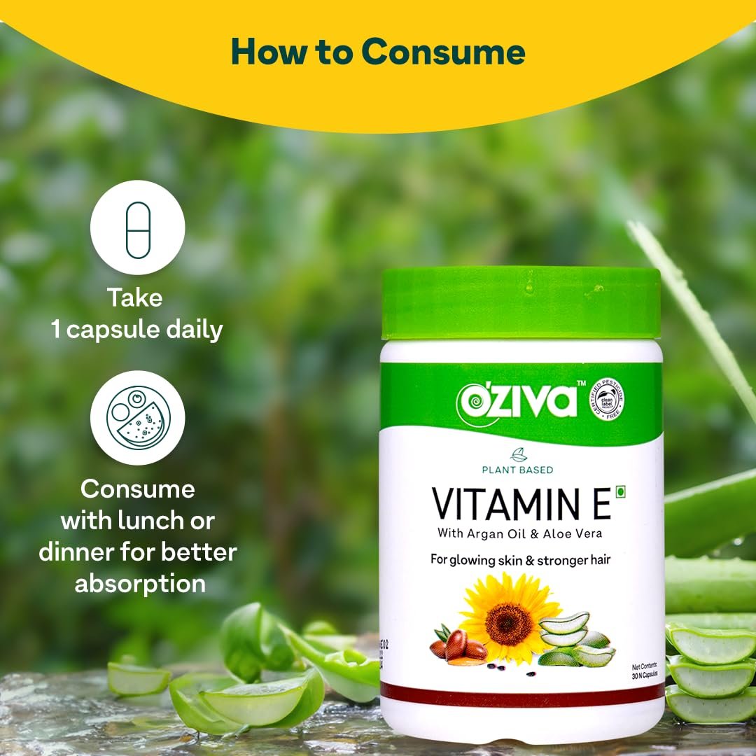 OZiva Plant Based Natural Vitamin E Capsules for Face & Hair with Sunflower oil, Aloe vera oil ,Argan oil, Vegan &Natural Vitamin E for Glowing Skin & Stronger Hair (Vitamin E, Pack of 1, 30 Capsules) - Image 5