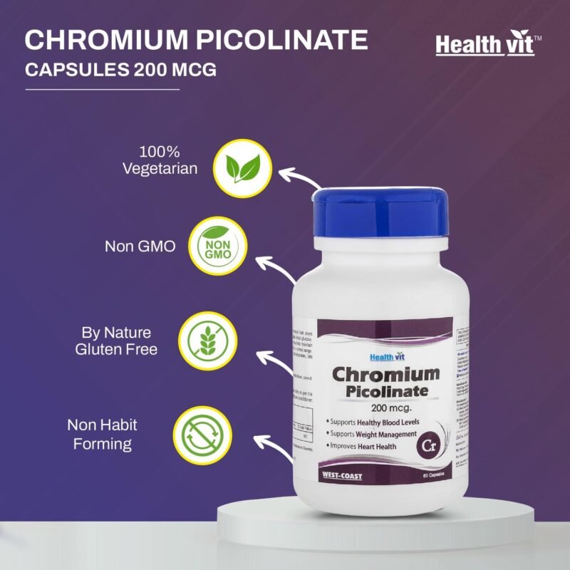 Healthvit Chromium Picolinate 200mcg | Supports Healthy Metabolism | Supports Healthy Blood Sugar Level | Supports Healthy Heart | Essential For Weight Management | Vegan And Non-GMO | 60 Capsules - Image 2