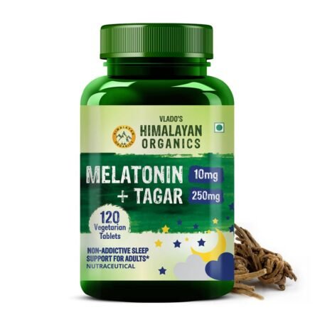 Vlado's Himalayan Organics Melatonin 10Mg + Tagar 250Mg Supplement With Vitamin B6 And Calcium | Non-Habit Forming, Restful Sleep, Improved Focus, Relaxed Mind | Good For Eye Health (120 Tablets)