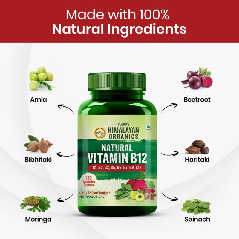 Vlado's Himalayan Organics Plant Based Vitamin B12 Supplement | B1,B2,B3,B5,B6,B7,B9,Moringa| Boost Energy Level | Good For Digestion And Nerve Health | Glowing Skin For Men & Women - 120 Vegetarian Capsules - Image 5