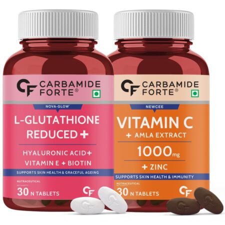 Carbamide Forte Japanese Reduced L Glutathione Tablets with Vitamin C from Amla Extract, Collagen, Lycopene Combo Pack for Skin Health (1000mg) - 30 Veg Tablets Each