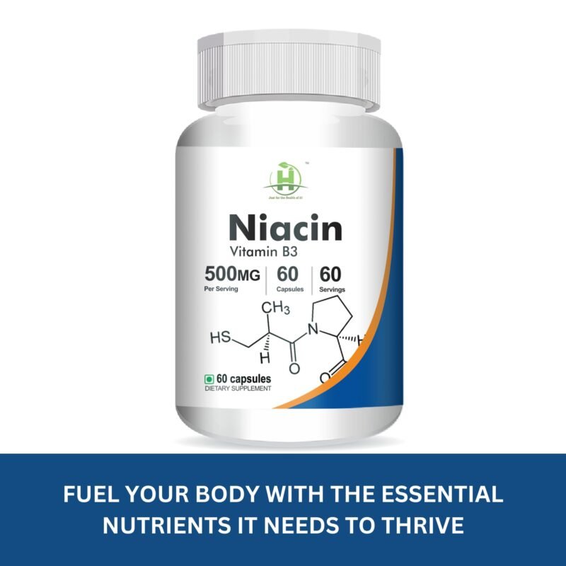 Healthy Nutrition - Just for the Health of it Niacin (Vitamin B3) 500mg - for Vascularity & Increase Cellular Energy -60 Vegetarian Capsules -Pack of 1 - Image 2