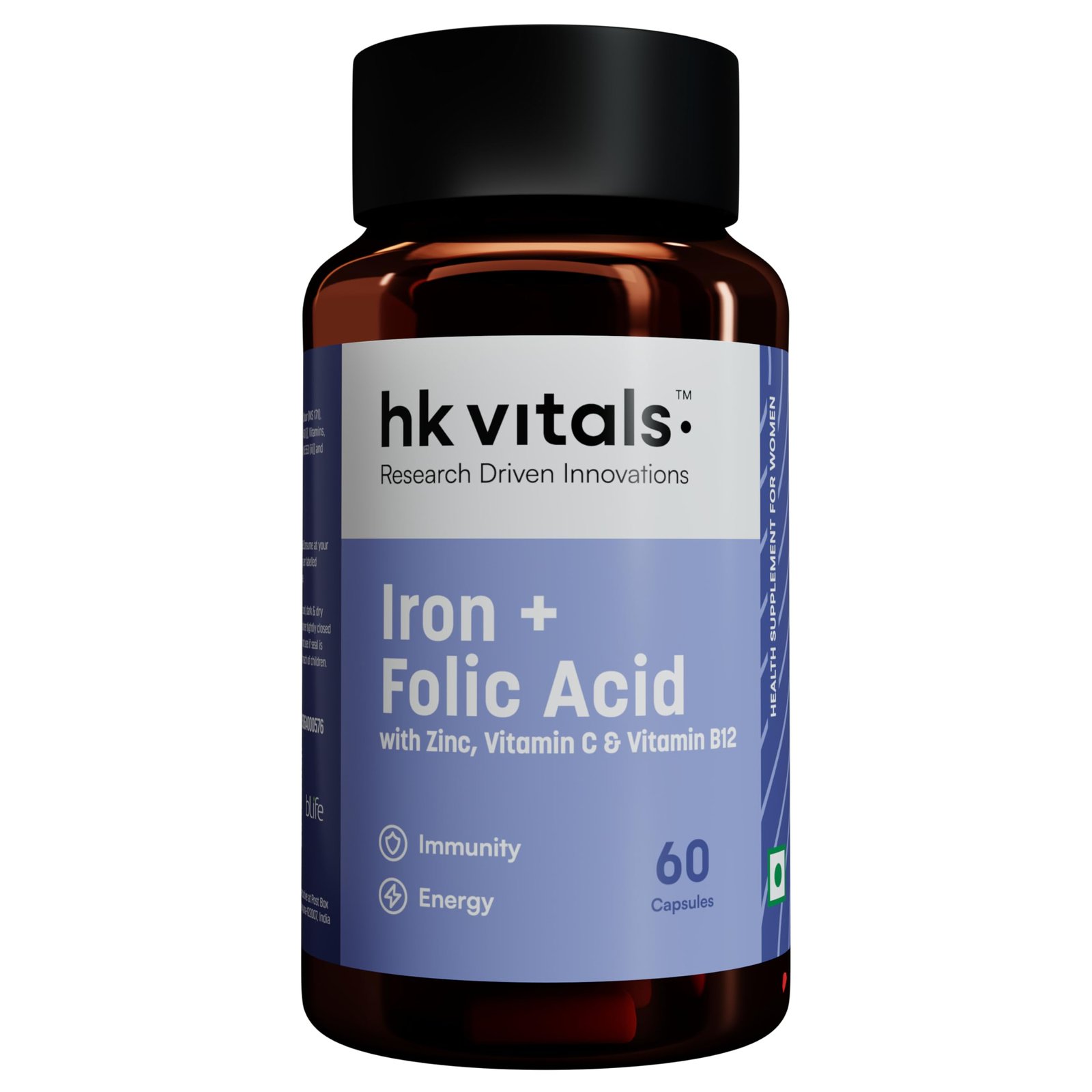 HealthKart Hk Vitals Iron + Folic Acid Supplement (60 Capsules)|With Zinc,Vitamin C & Vitamin B12,Supports Blood Building|Immunity And Energy,1 Count