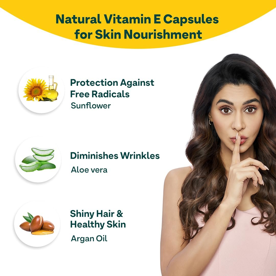OZiva Plant Based Natural Vitamin E Capsules for Face & Hair with Sunflower oil, Aloe vera oil ,Argan oil, Vegan &Natural Vitamin E for Glowing Skin & Stronger Hair (Vitamin E, Pack of 1, 30 Capsules) - Image 8