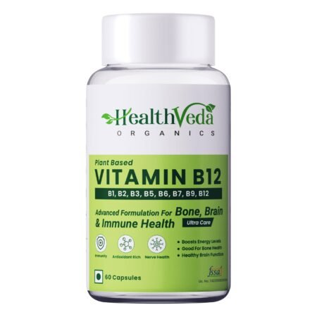 HEALTH VEDA ORGANICS PRIVATE LIMITED Plant Based Vitamin B12 Supplement, 60 Veg Capsules, B1, B2, B3, B5, B6, B7, B9, Moringa, Good For Digestion And Nerve Health, Glowing Skin For Men & Women