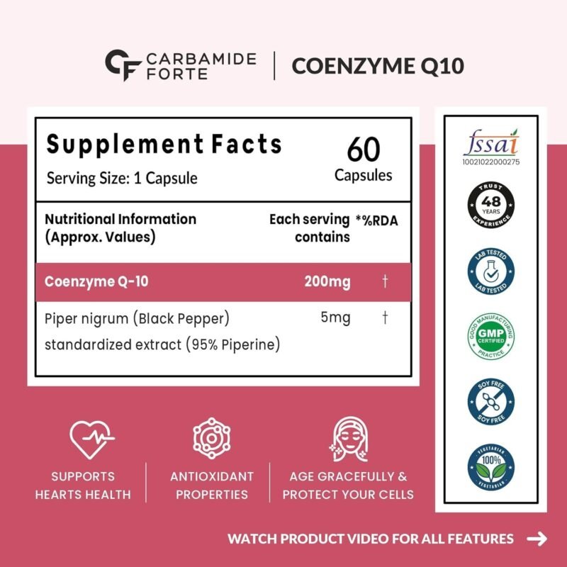 Carbamide Forte Coenzyme Q10 (CoQ10) 200mg with Piperine 5mg | Supports Heart Health and Vascular Health | 100% Vegetarian – 60 Capsules