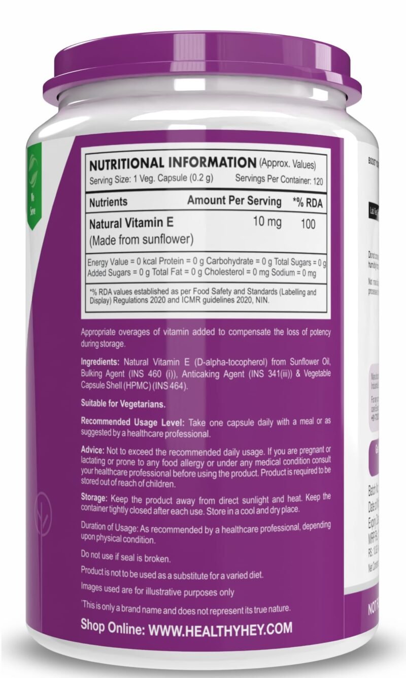 HealthyHey Vitamin E Capsules | Vitamin E for Skin & Hair | Sunflower - D-Alpha-Tocpherol -120 Veg Capsules - Image 7