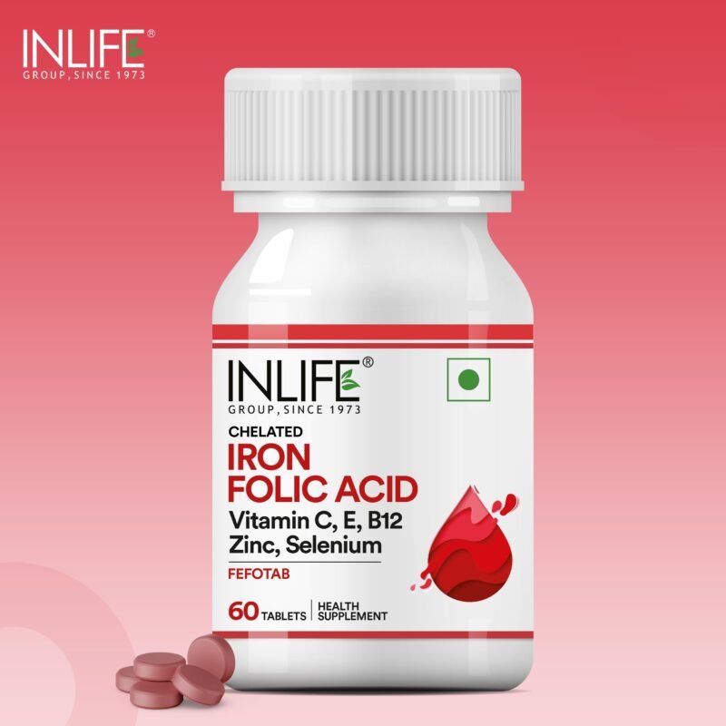 INLIFE Chelated Iron Folic Acid Supplement with Vitamin C, E, B12, Zinc & Selenium for Men Women - 60 Tablets (Pack of 1, 60) - Image 2