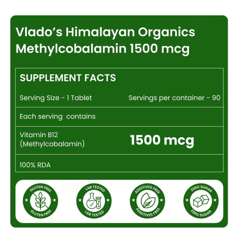 Vlado's Himalayan Organics Methylcobalamin Vitamin B12 1500mcg Supplement - 90 Veg Tablets - Image 15