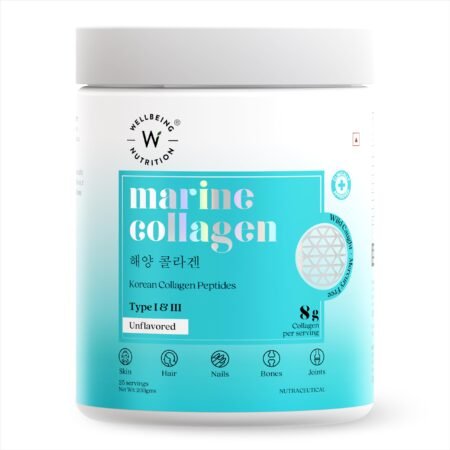 Wellbeing Nutrition Pure Korean Marine Collagen Peptides Supplement for Skin, Hair, Nails. Bone & Joint | Clinically Proven | High Absorption 8 gms Collagen | Unflavored, 200 gms