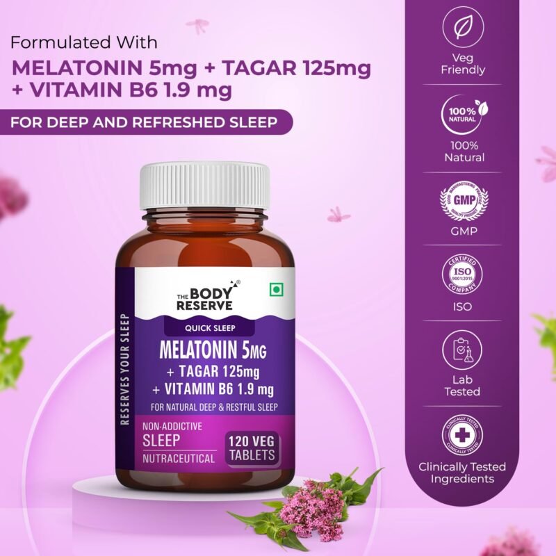 The Body Reserve Melatonin 5mg with Tagar 125mg - 120 Veg Tablets for Natural Sleep Aid, Muscle Recovery, Nerve Relaxation, and Stress Relief - Non-Habit Forming Sleep Aid for Men & Women, Pack of 3 - Image 6