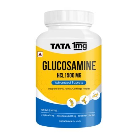 Tata 1mg Glucosamine HCL 1500mg Tablets with Collagen, Boswellia, Rosehip & Arginine - 60 Tablets | For Joint Support & Knee Pain | Supplement for Men & Women | Non-GMO & Soy-Free