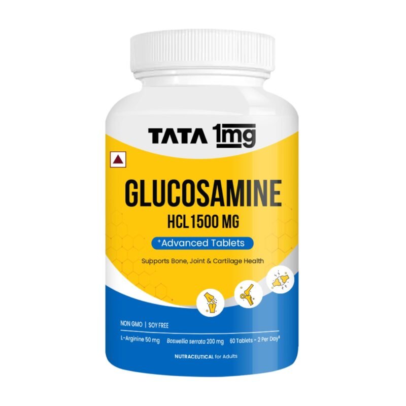 Tata 1mg Glucosamine HCL 1500mg Tablets with Collagen, Boswellia, Rosehip & Arginine - 60 Tablets | For Joint Support & Knee Pain | Supplement for Men & Women | Non-GMO & Soy-Free