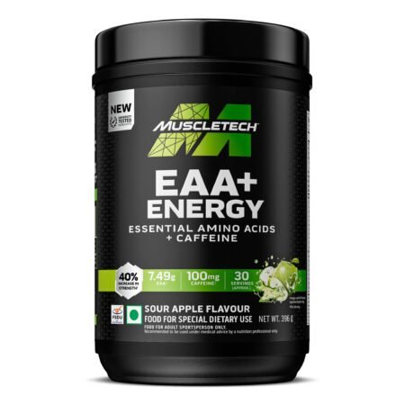 MuscleTech Eaa + Energy | Essential Amino Acids + 100Mg Caffeine | Replenish Electrolytes | Ultimate Recovery 7.4 grams Eaa | 4.5 grams Bcaa | 3 grams Leucine | 30 Servings | Sour Apple, Powder