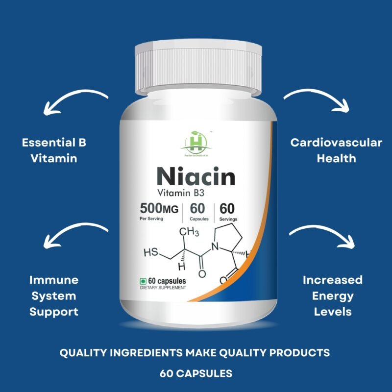 Healthy Nutrition - Just for the Health of it Niacin (Vitamin B3) 500mg - for Vascularity & Increase Cellular Energy -60 Vegetarian Capsules -Pack of 1 - Image 4