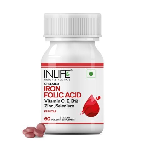 INLIFE Chelated Iron Folic Acid Supplement with Vitamin C, E, B12, Zinc & Selenium for Men Women - 60 Tablets (Pack of 1, 60)
