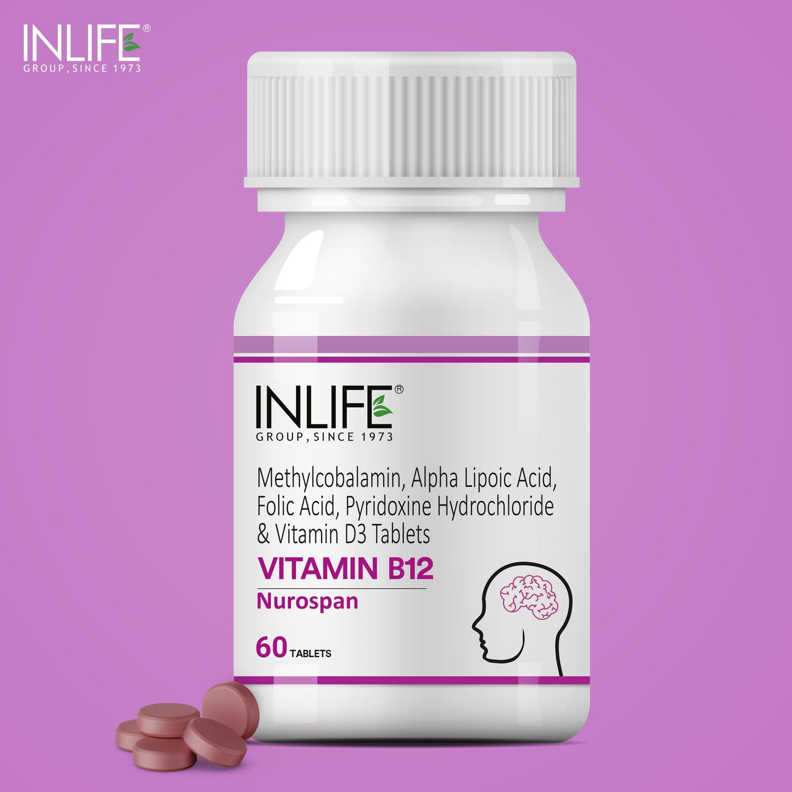 INLIFE Vitamin B12 (Methylcobalamin) 1500mcg Supplement with ALA, Folic Acid, Vitamin D3 | Nerve and Brain Health for Men & Women – 60 Tablets(Pack Of 1, 60) - Image 3