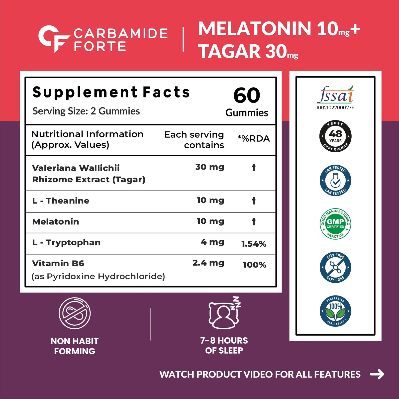 Carbamide Forte Melatonin 10 mg sleep Gummies - with TAGARA, L Tryptophan & Vitamin B6 | Sleep Supplements – 60 Veg Gummies - Image 8