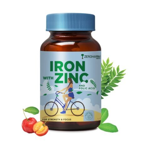 ZEROHARM Iron with Zinc & Folic Acid tablets | Plant based Iron Folic Zinc | Iron supplements for anemia | Boosts energy and strength| Enhances brain function | Boosts athletic performance| 60 Tablets