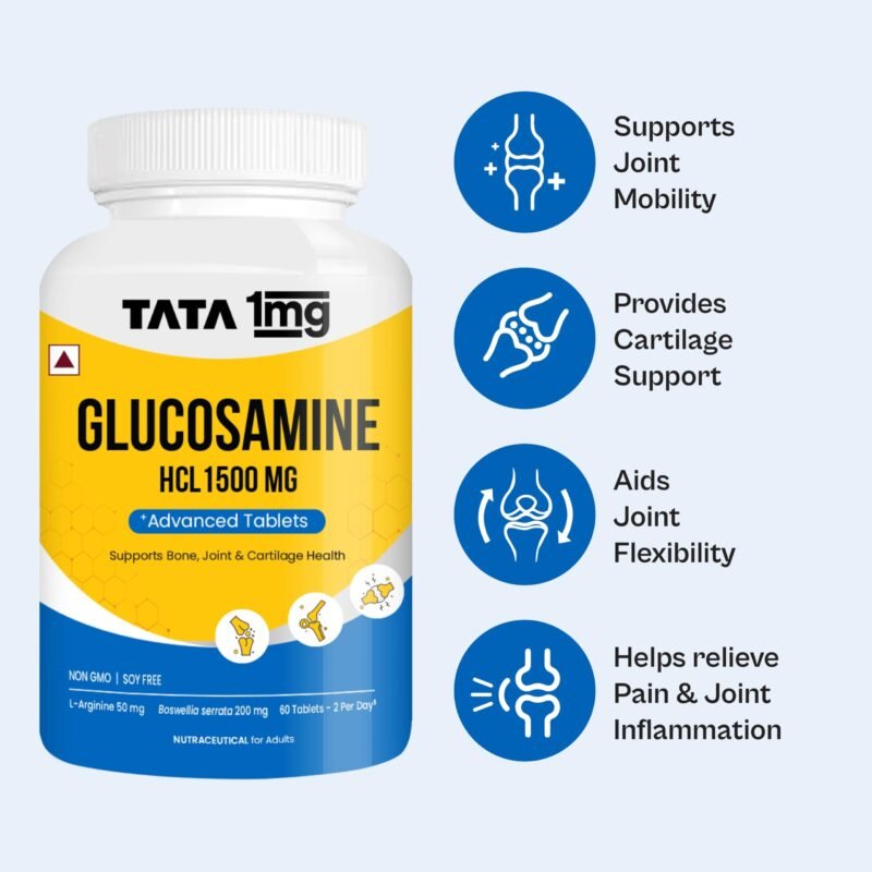 Tata 1mg Glucosamine HCL 1500mg Tablets with Collagen, Boswellia, Rosehip & Arginine - 60 Tablets | For Joint Support & Knee Pain | Supplement for Men & Women | Non-GMO & Soy-Free - Image 5