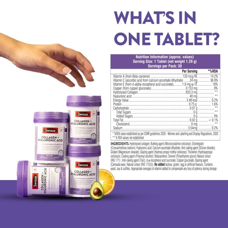 Swisse Collagen+ Hyaluronic Acid with Peptides, Vitamin C & E to Boost Skin Repair & Regeneration For Youthful & Radiant Skin - 30 Tablets (One Tablet Per Serving For Both Men & Women) Australia’s No.1 Beauty Nutrition Brand - Image 3
