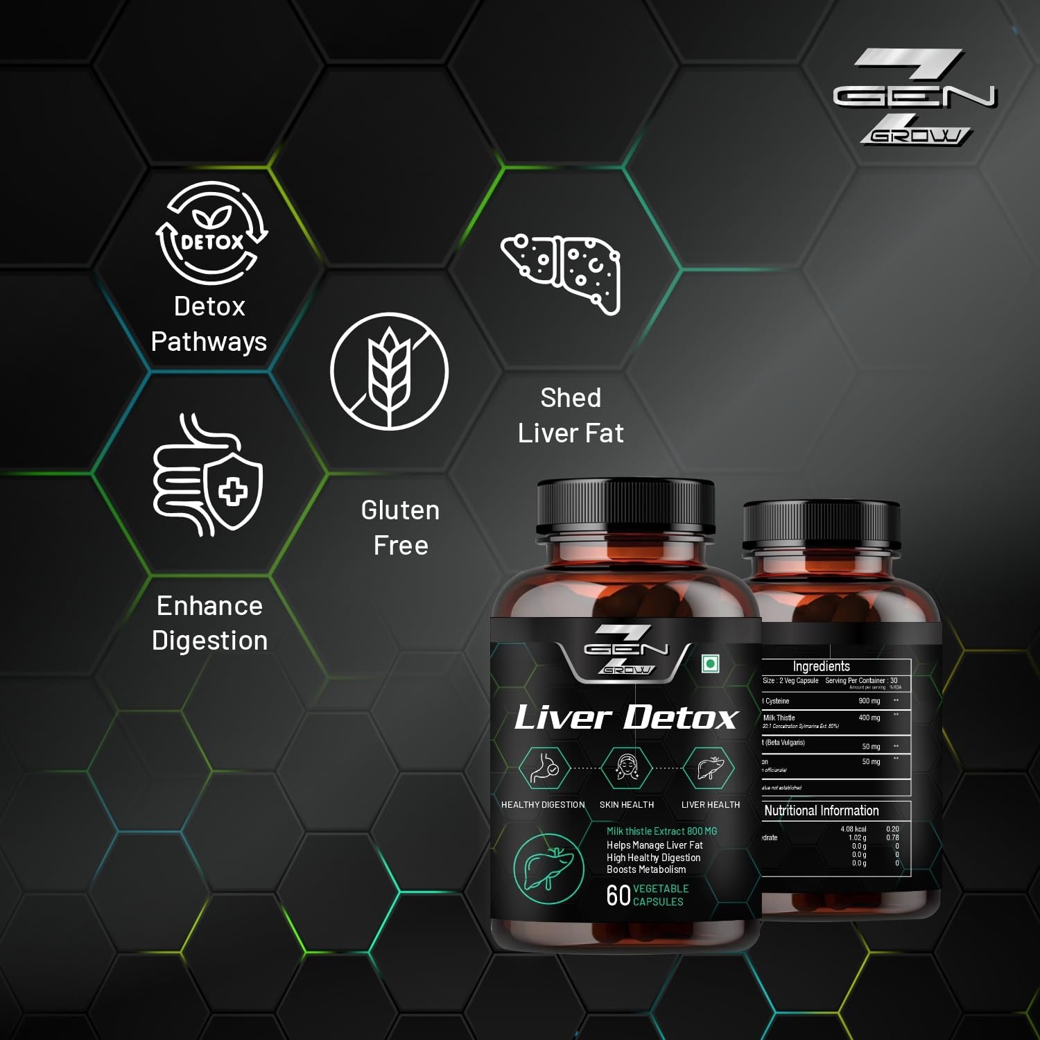 GenZ Grow Liver Detox Supplement with Milk Thistle Extract 800mg (30:1) N-Acetyl Cysteine | Beetroot (beta Vulgaris) | Support Fatty Liver and helps Detoxification & Digestion|60 Vegetable Capsule - Image 5