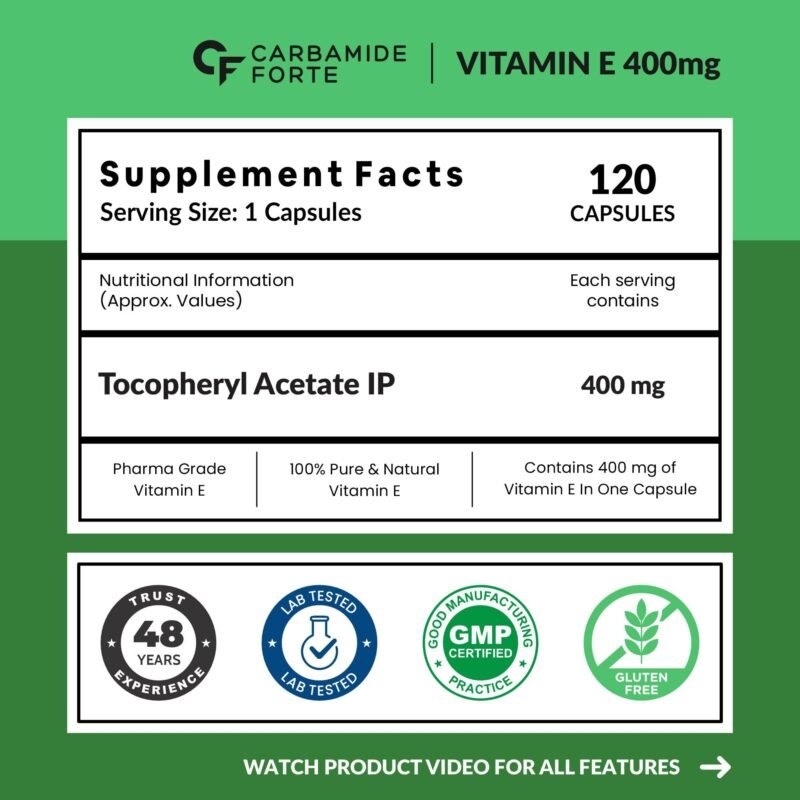 Carbamide Forte 400 mg Vitamin E Capsules for Face and Hair | 100% Natural Vitamin E Supplement with Vitamin E Oil | Paraben Free - 120 Capsules - Image 9