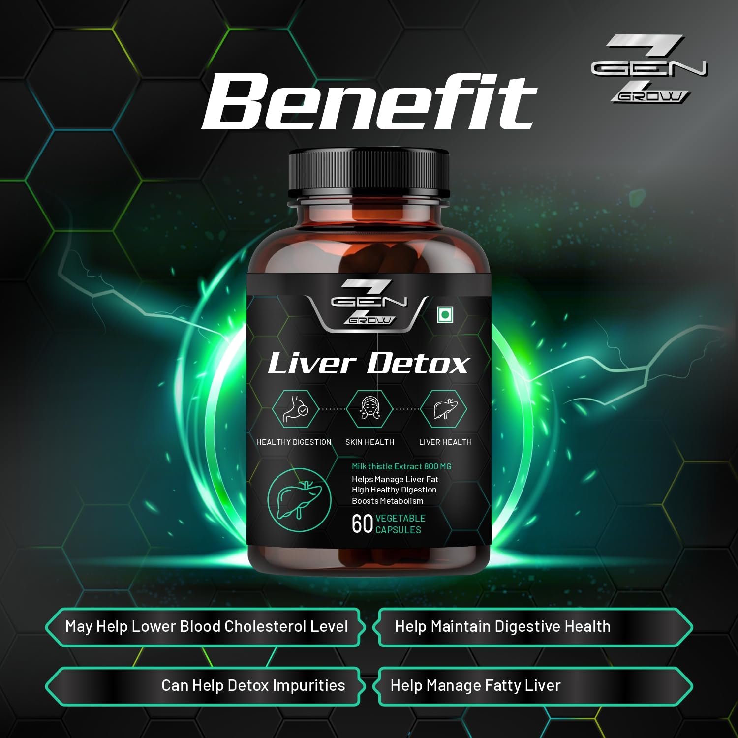 GenZ Grow Liver Detox Supplement with Milk Thistle Extract 800mg (30:1) N-Acetyl Cysteine | Beetroot (beta Vulgaris) | Support Fatty Liver and helps Detoxification & Digestion|60 Vegetable Capsule - Image 2