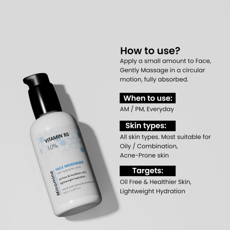 Minomine 10% Vitamin B5 Gel Face Moisturizer with Hyaluronic acid | Oil Free & Healthier Skin, Lightweight Hydration | For Women & Men, Oily & Acne Prone Skin Types, 50gm - Image 5
